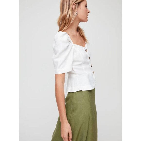 Aritzia WILFRED Janine Green Linen Blend Peplum Prairie Blouse Top, Size M - Picture 13 of 16